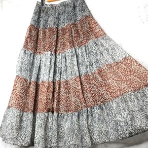 Sheer Overlay Flare Maxi Skirt Tiered Pattern M
